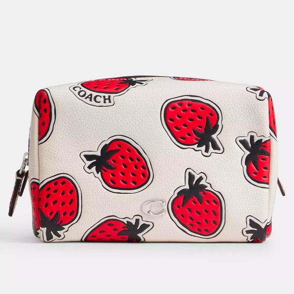 Coach Essential Cosmetic Pouch With Strawberry Print in Chalk Pebble Leather NWT - Picture 14 of 14